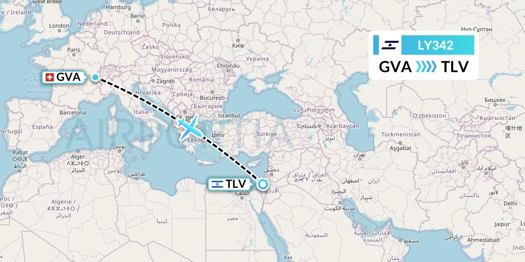 LY342 El Al Flight Map: Geneva to Tel Aviv
