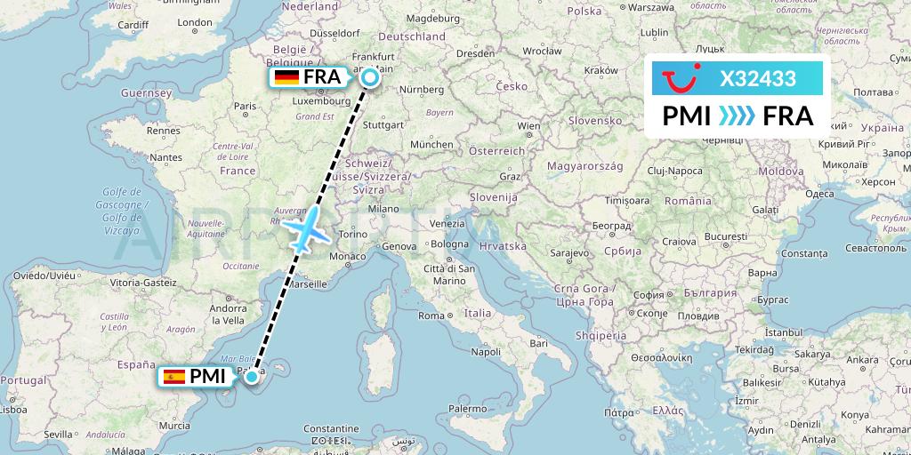 X32433 TUI fly Germany Flight Map: Palma de Mallorca to Frankfurt