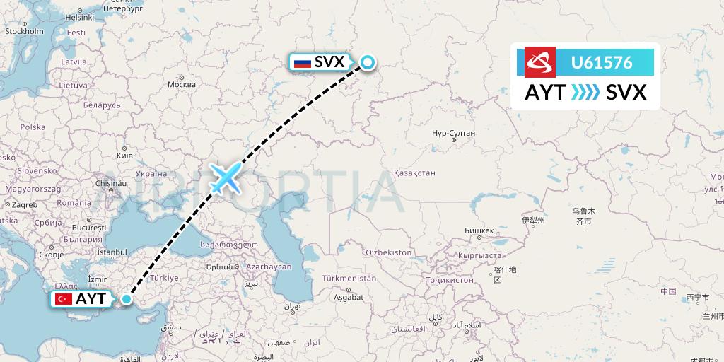 U61576 Ural Airlines Flight Map: Antalya to Yekaterinburg