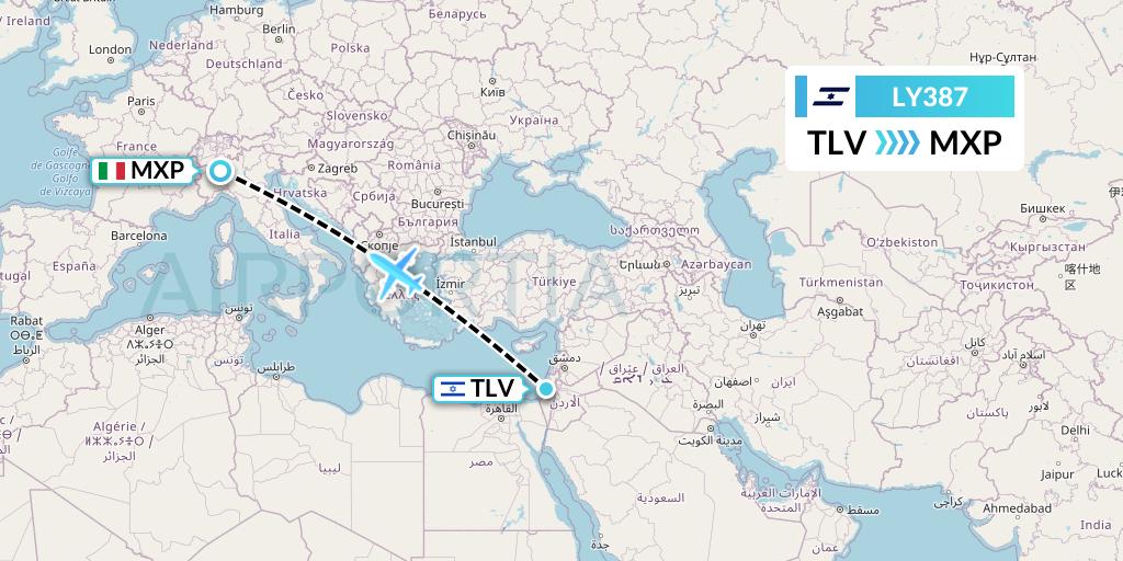 LY387 El Al Flight Map: Tel Aviv to Milan