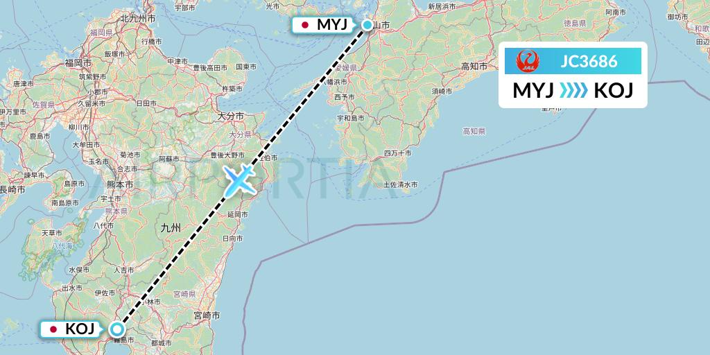 JC3686 Japan Air Commuter Flight Map: Matsuyama to Kagoshima