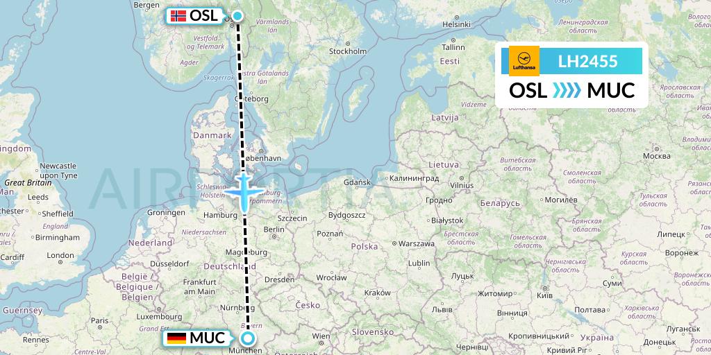 LH2455 Lufthansa Flight Map: Oslo to Munich