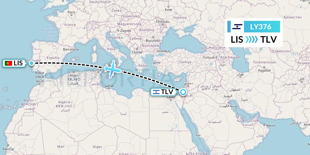 LY376 El Al Flight Map: Lisbon to Tel Aviv