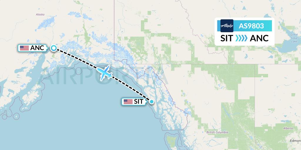 AS9803 Alaska Airlines Flight Map: Sitka to Anchorage