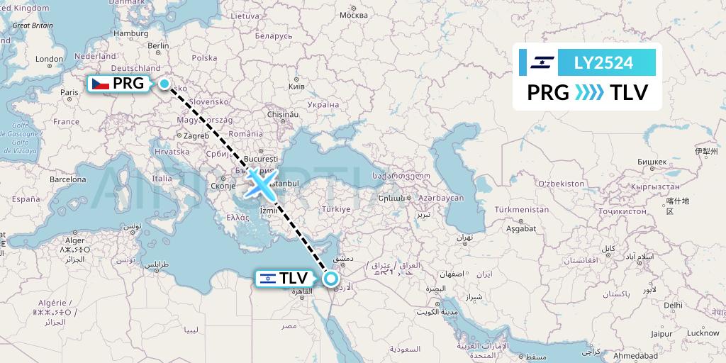 LY2524 El Al Flight Map: Prague to Tel Aviv