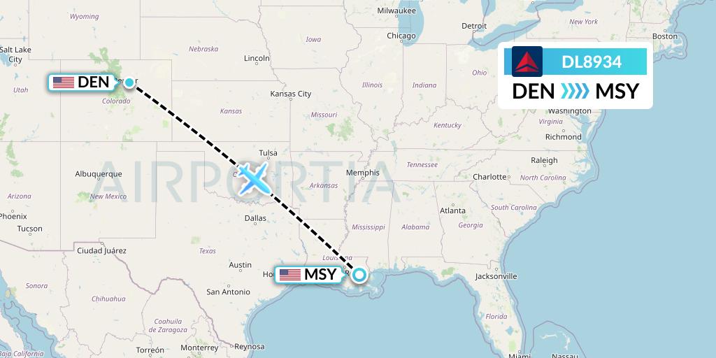 DL8934 Delta Air Lines Flight Map: Denver to New Orleans