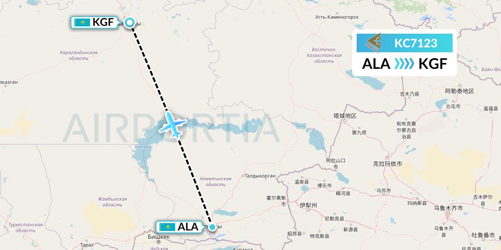 KC7123 Air Astana Flight Map: Almaty to Karaganda