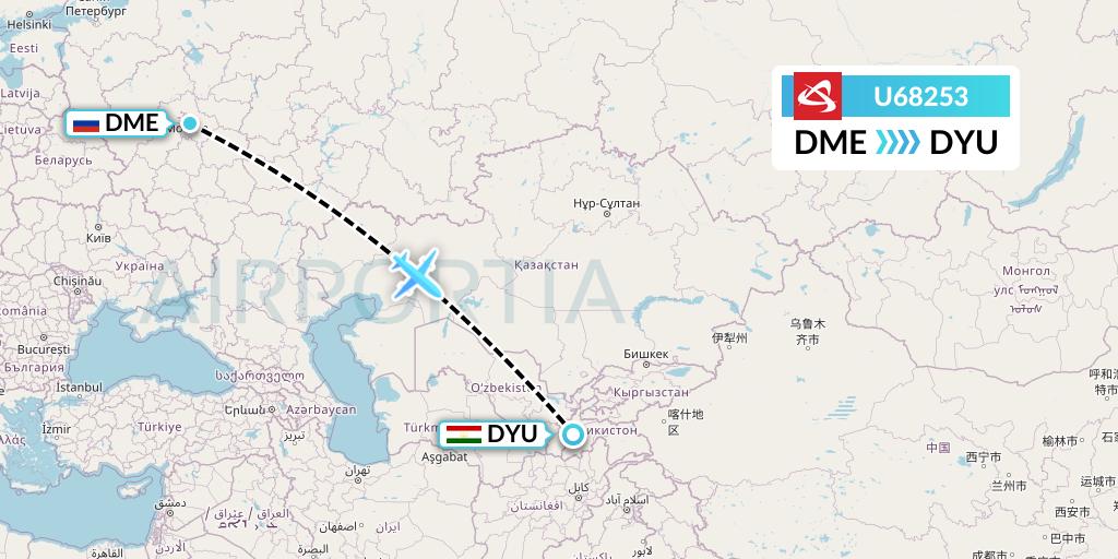 U68253 Ural Airlines Flight Map: Moscow to Dushanbe