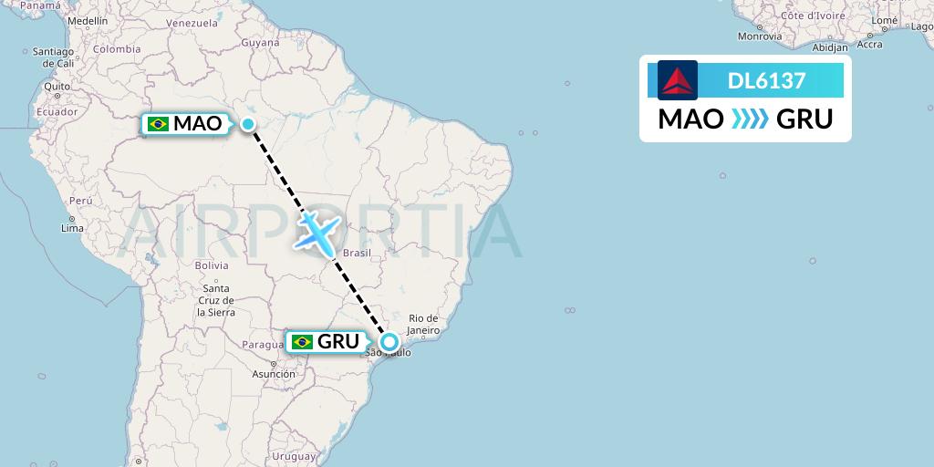 DL6137 Delta Air Lines Flight Map: Manaus to Sao Paulo