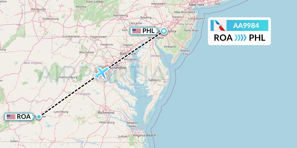 AA9984 American Airlines Flight Map: Roanoke to Philadelphia