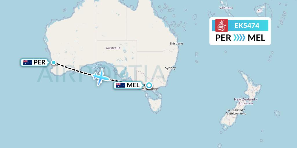 EK5474 Emirates Flight Map: Perth to Melbourne
