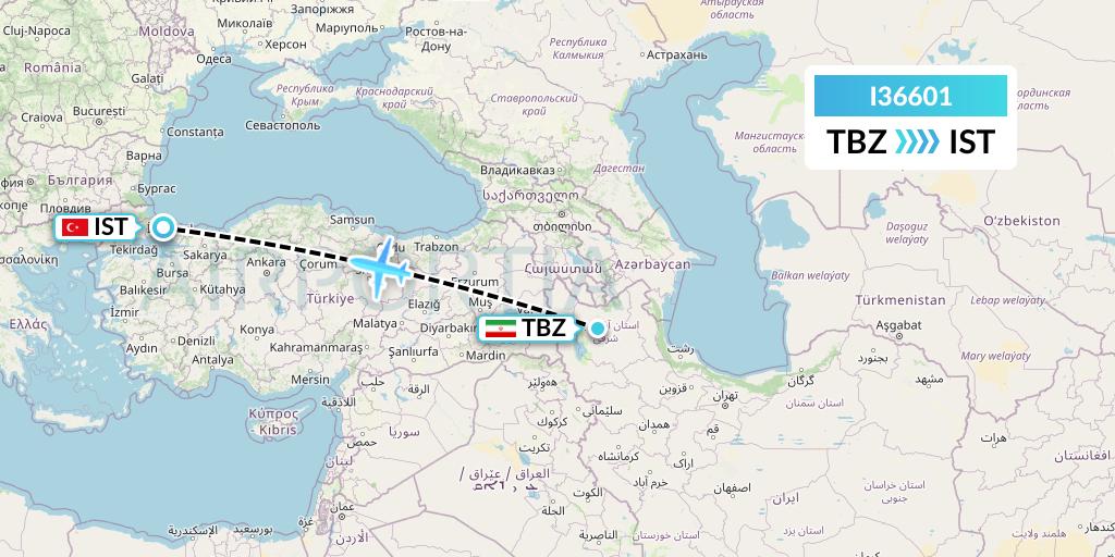 I36601 ATA Airlines Flight Map: Tabriz to Istanbul