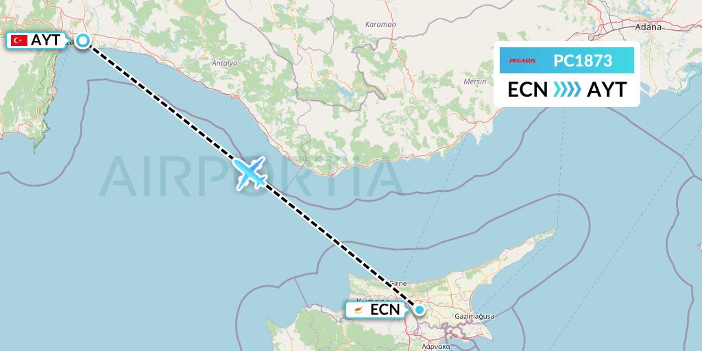 PC1873 Pegasus Airlines Flight Map: Tymvou to Antalya