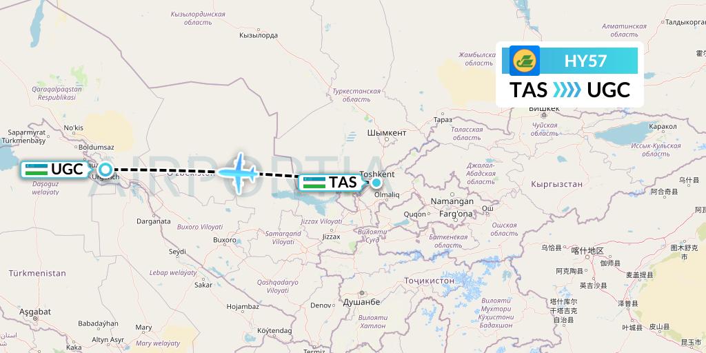 HY57 Uzbekistan Airways Flight Map: Tashkent to Urgench