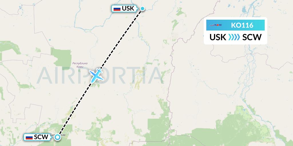 KO116 Komiaviatrans Flight Map: Usinsk to Syktyvkar