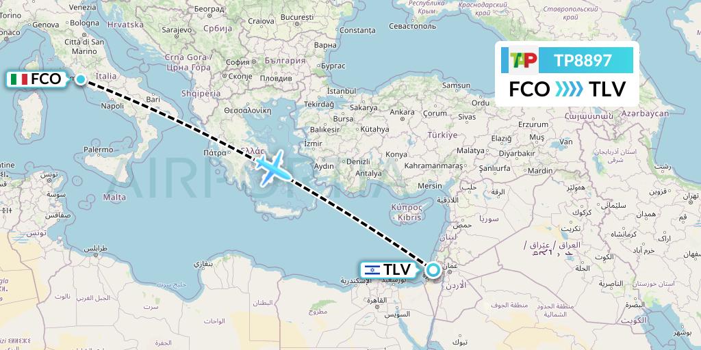 TP8897 TAP Portugal Flight Map: Rome to Tel Aviv