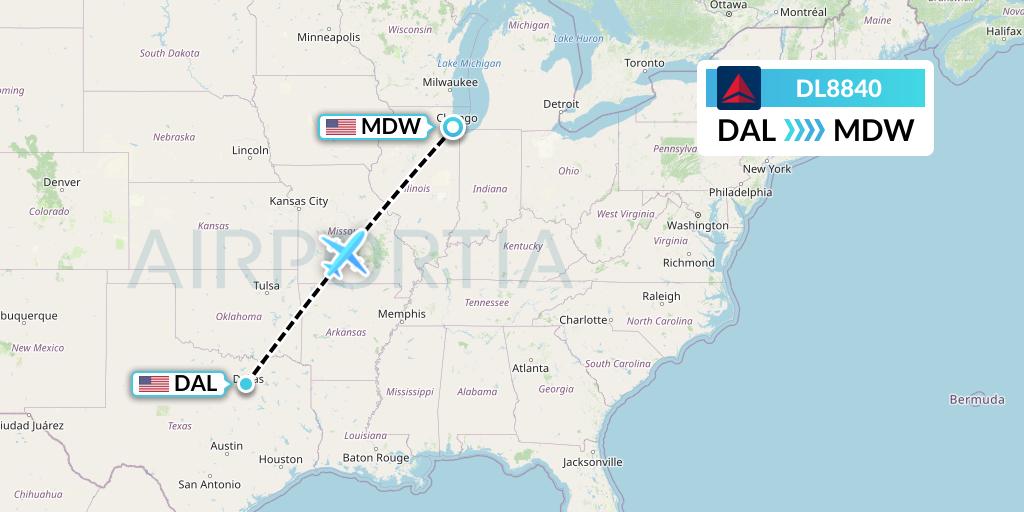 DL8840 Delta Air Lines Flight Map: Dallas to Chicago