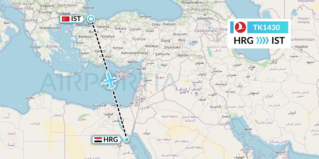 TK1430 Turkish Airlines Flight Map: Hurghada to Istanbul