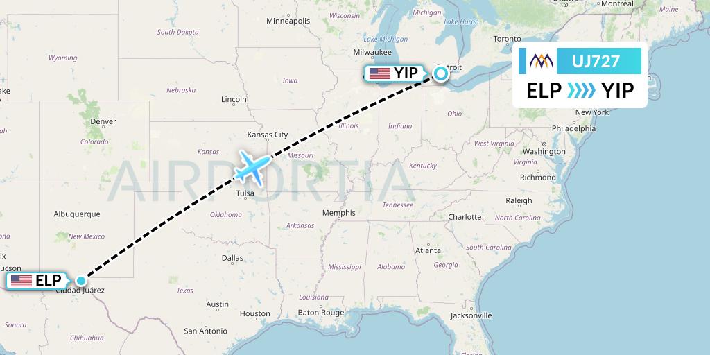 UJ727 AlMasria Universal Airlines Flight Map: El Paso to Detroit