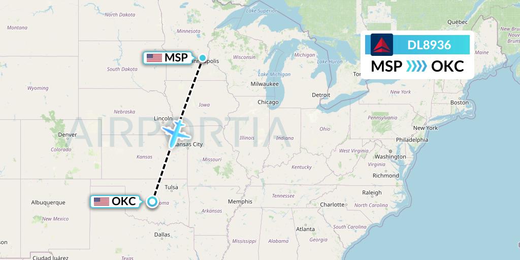DL8936 Delta Air Lines Flight Map: Minneapolis to Oklahoma City