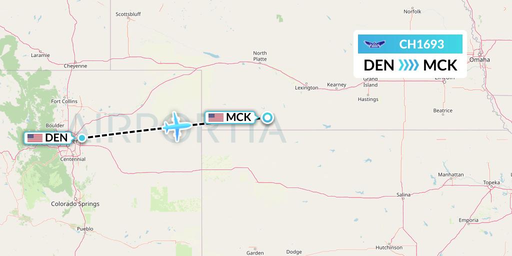 CH1693 Bemidji Airlines Flight Map: Denver to McCook