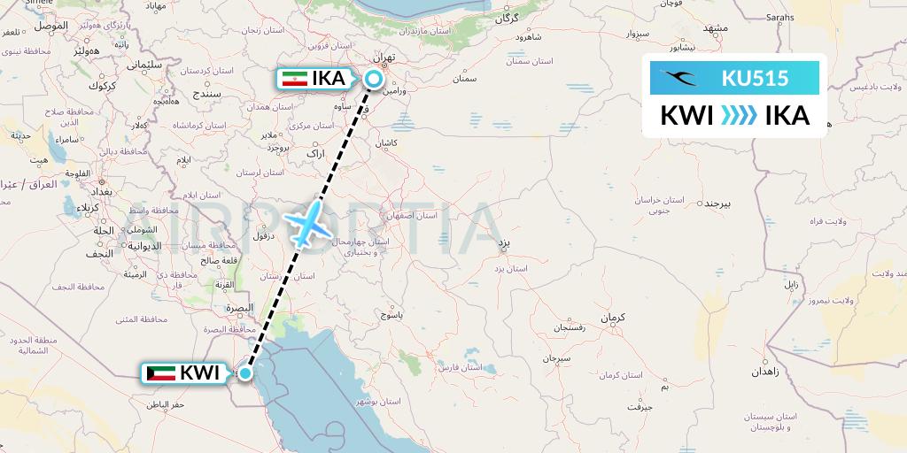KU515 Kuwait Airways Flight Map: Kuwait City to Tehran