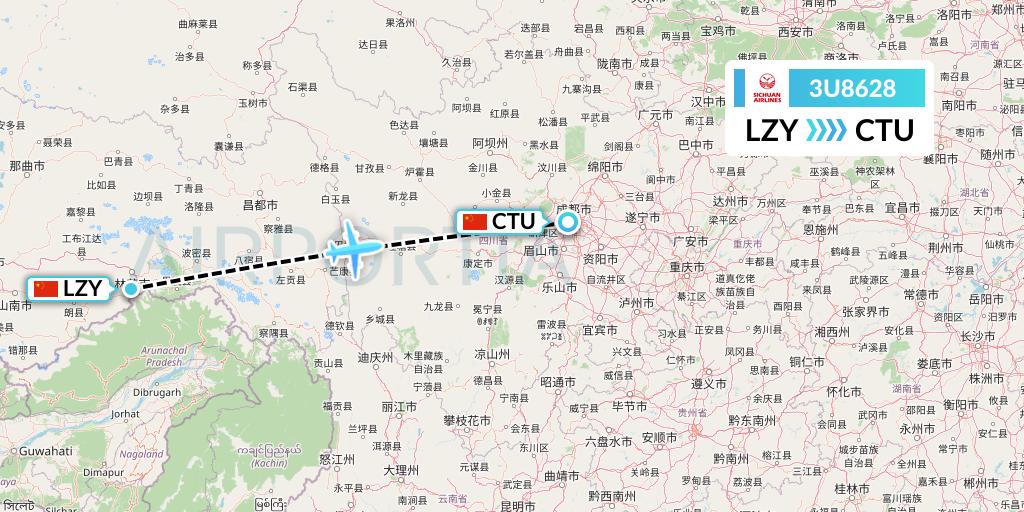 3U8628 Sichuan Airlines Flight Map: Nyingchi to Chengdu