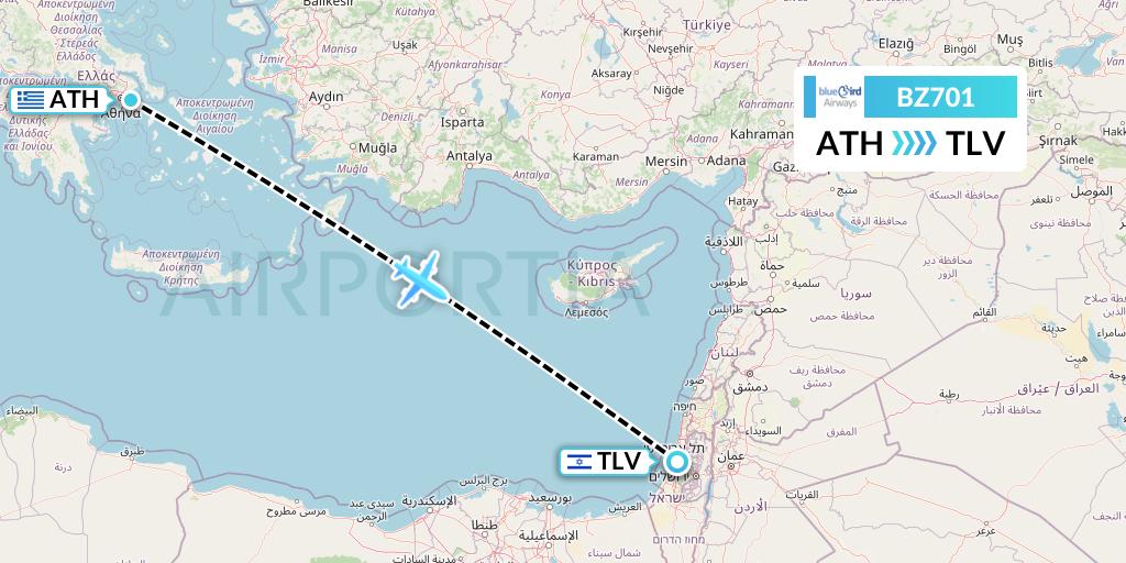 BZ701 Bluebird Airways Flight Map: Athens to Tel Aviv