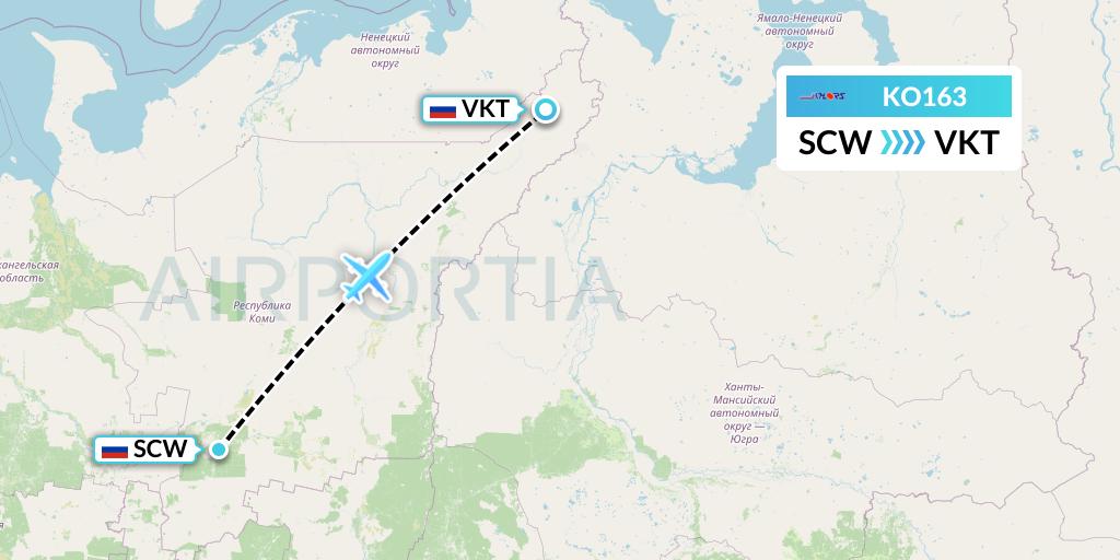 KO163 Komiaviatrans Flight Map: Syktyvkar to Vorkuta