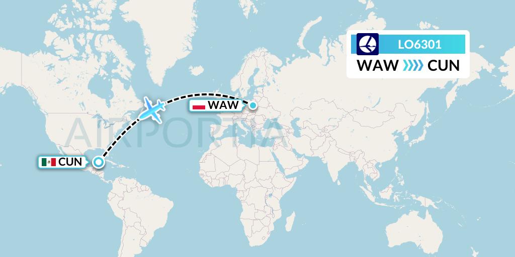 LO6301 LOT Flight Map: Warsaw to Cancun