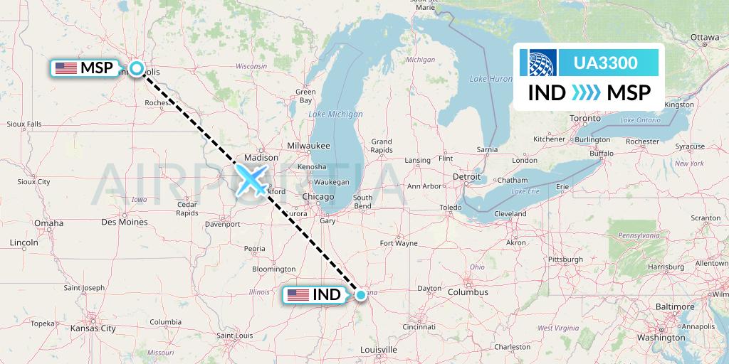 UA3300 United Airlines Flight Map: Indianapolis to Minneapolis