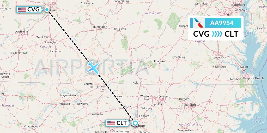 AA9954 American Airlines Flight Map: Cincinnati to Charlotte