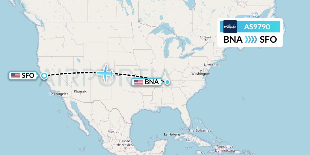 AS9790 Alaska Airlines Flight Map: Nashville to San Francisco