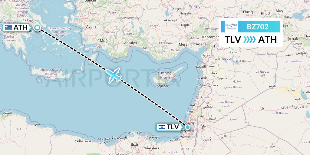 BZ702 Bluebird Airways Flight Map: Tel Aviv to Athens