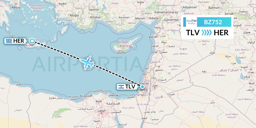 BZ752 Bluebird Airways Flight Map: Tel Aviv to Heraklion