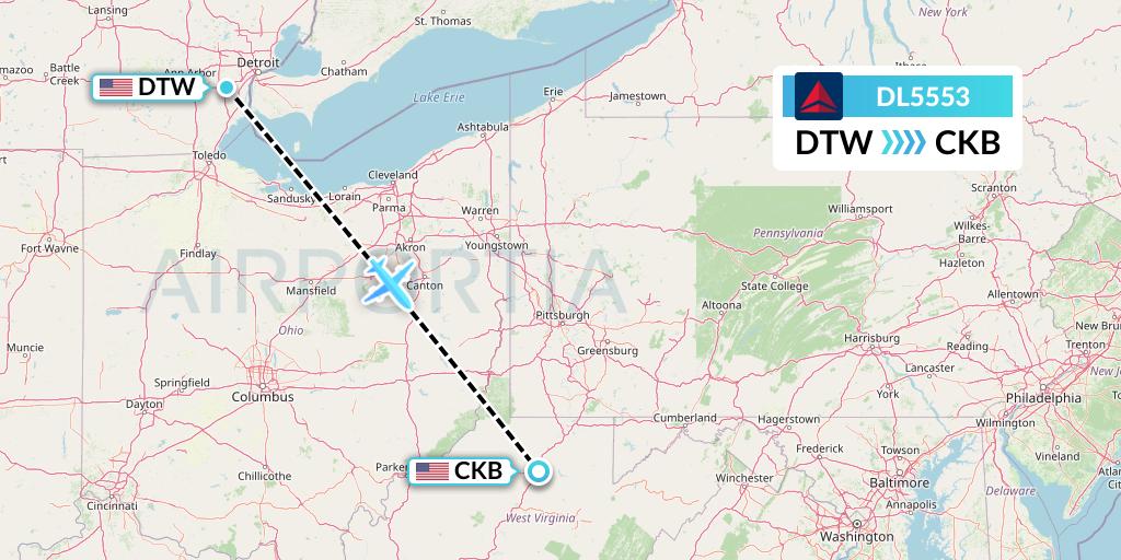 DL5553 Delta Air Lines Flight Map: Detroit to Clarksburg