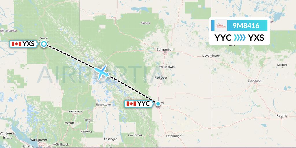 9M8416 Central Mountain Air Flight Map: Calgary to Prince George