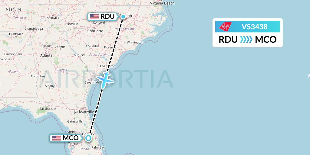VS3438 Virgin Atlantic Airways Flight Map: Raleigh-Durham to Orlando