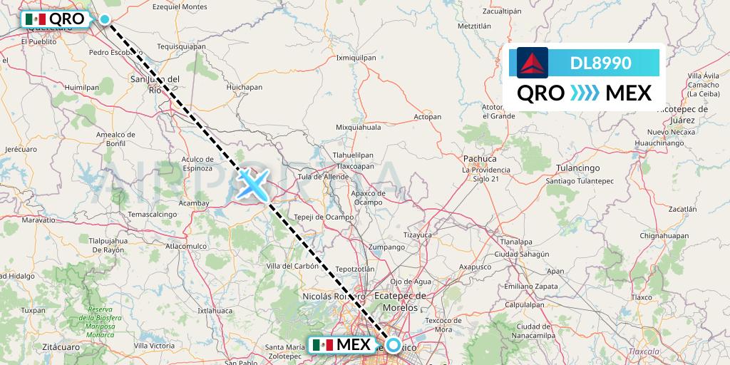 DL8990 Delta Air Lines Flight Map: Queretaro to Mexico City