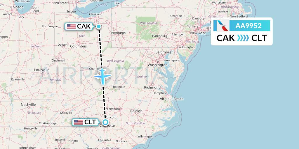 AA9952 American Airlines Flight Map: Akron to Charlotte