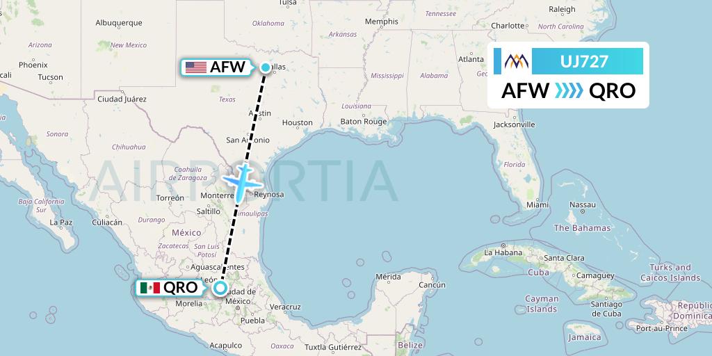 UJ727 AlMasria Universal Airlines Flight Map: Fort Worth to Queretaro