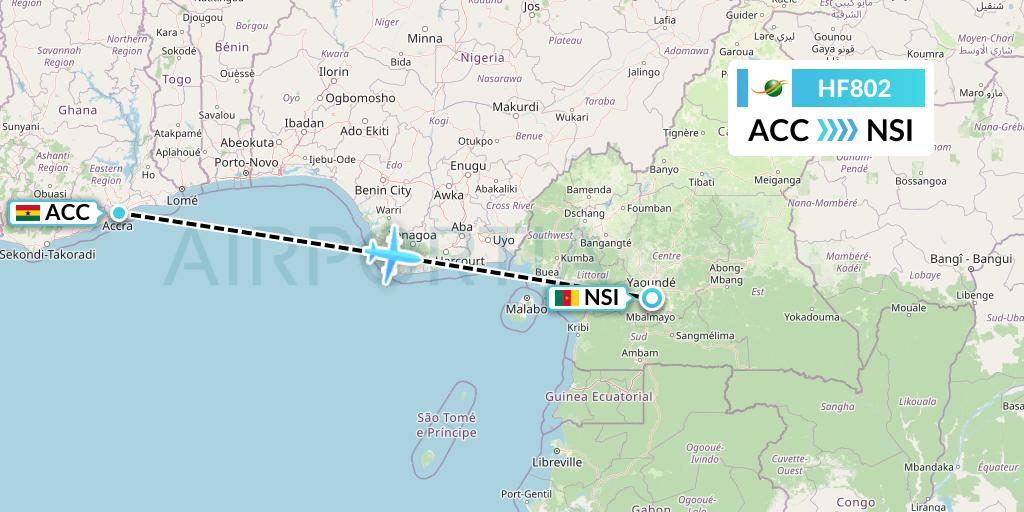 HF802 Air Cote d'Ivoire Flight Map: Accra to Yaounde