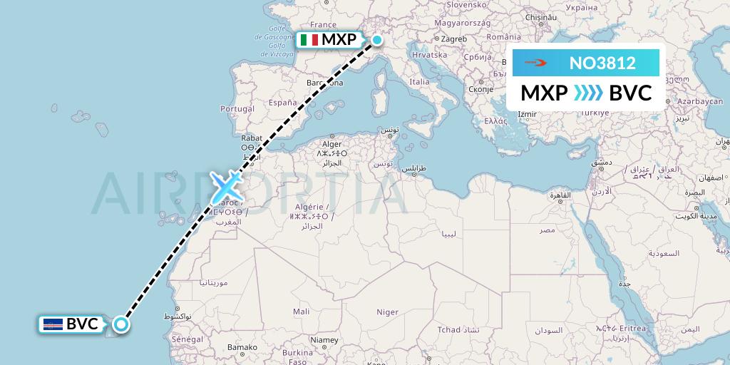 NO3812 Neos Flight Map: Milan to Boa Vista