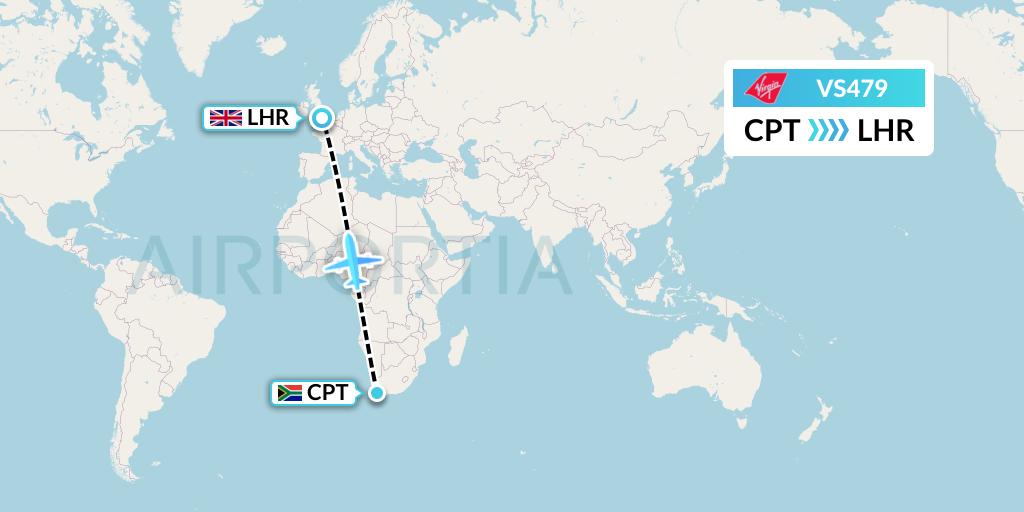 VS479 Virgin Atlantic Airways Flight Map: Cape Town to London