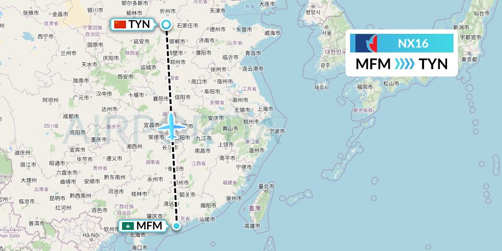 NX16 Air Macau Flight Map: Macau to Taiyuan