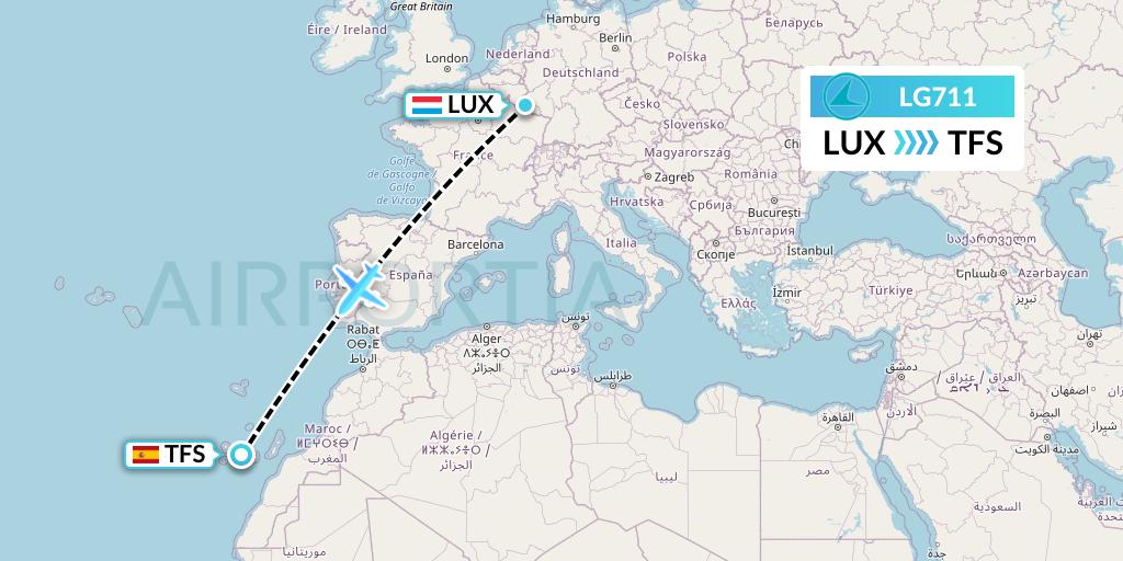 LG711 Luxair Flight Map: Luxembourg to Tenerife