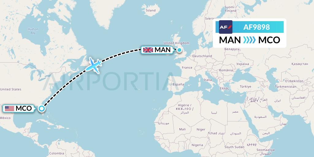 AF9898 Air France Flight Map: Manchester to Orlando