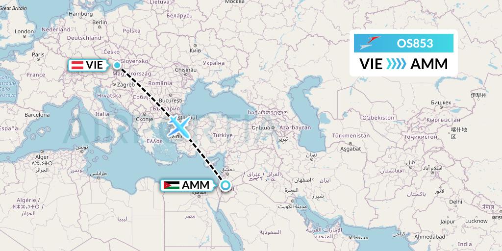 OS853 Austrian Airlines Flight Map: Vienna to Amman