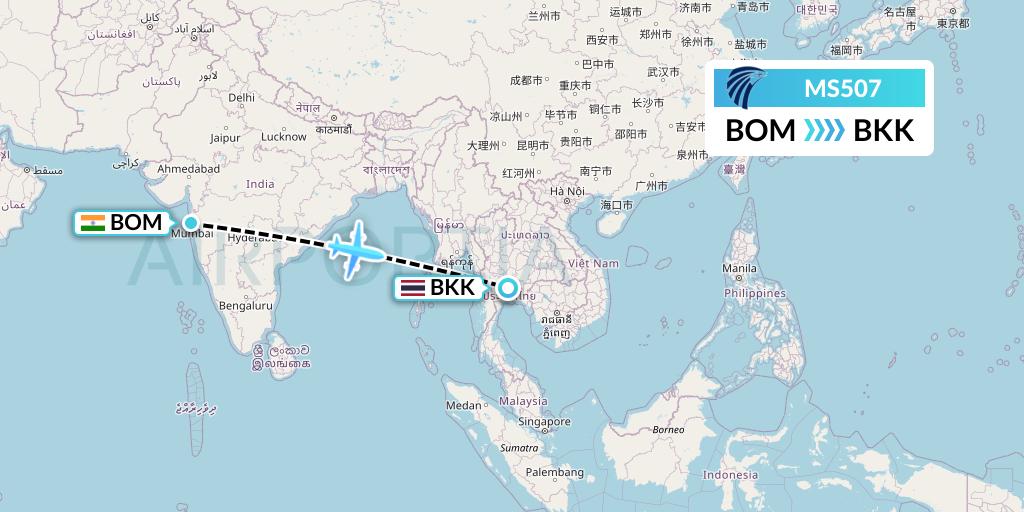 MS507 EgyptAir Flight Map: Mumbai to Bangkok