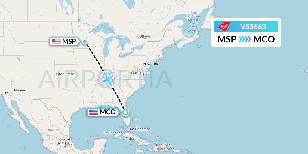 VS3663 Virgin Atlantic Airways Flight Map: Minneapolis to Orlando